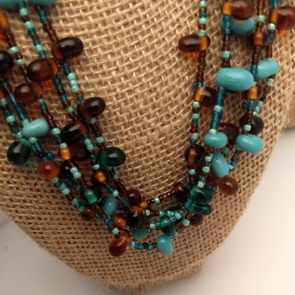 Artisan Multi Tiered VTG Colorful Teal & Amber Glass Bead Necklace & Earring Set - Picture 4 of 10